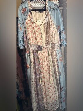 ODDY Patchwork Floral Maxi Dress in Cream & Light Blue